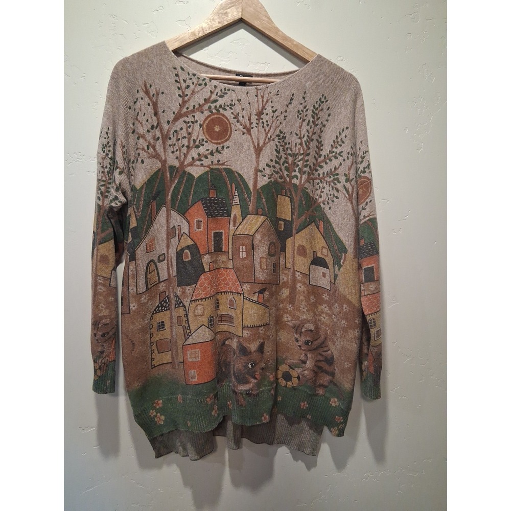 Shana Apparel Women's Size L Tunic Sweater Village Cat Dog Folk Art Storybook